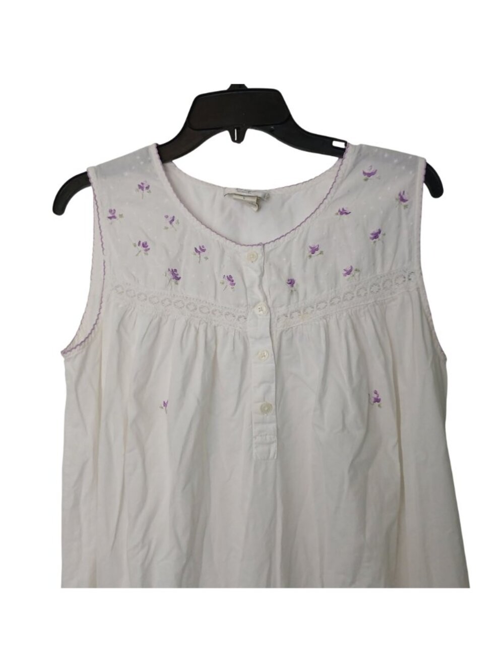 Amanda Stewart Nightgown Sz L White Sleeveless Floral Embroidered Cotton #D-46 - Picture 5 of 9